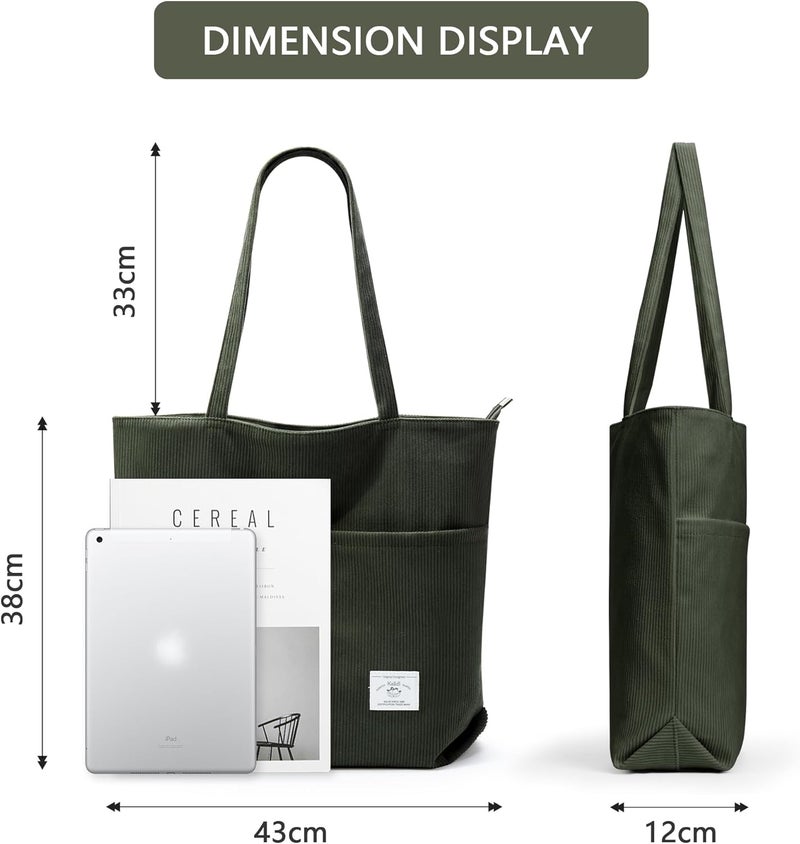 KALIDI FANCY FOREST KALIDI Women Corduroy Tote Bag Zipper Casual Tote's Handbag Big Capacity Shoulder Bag with Pockets - Image 5